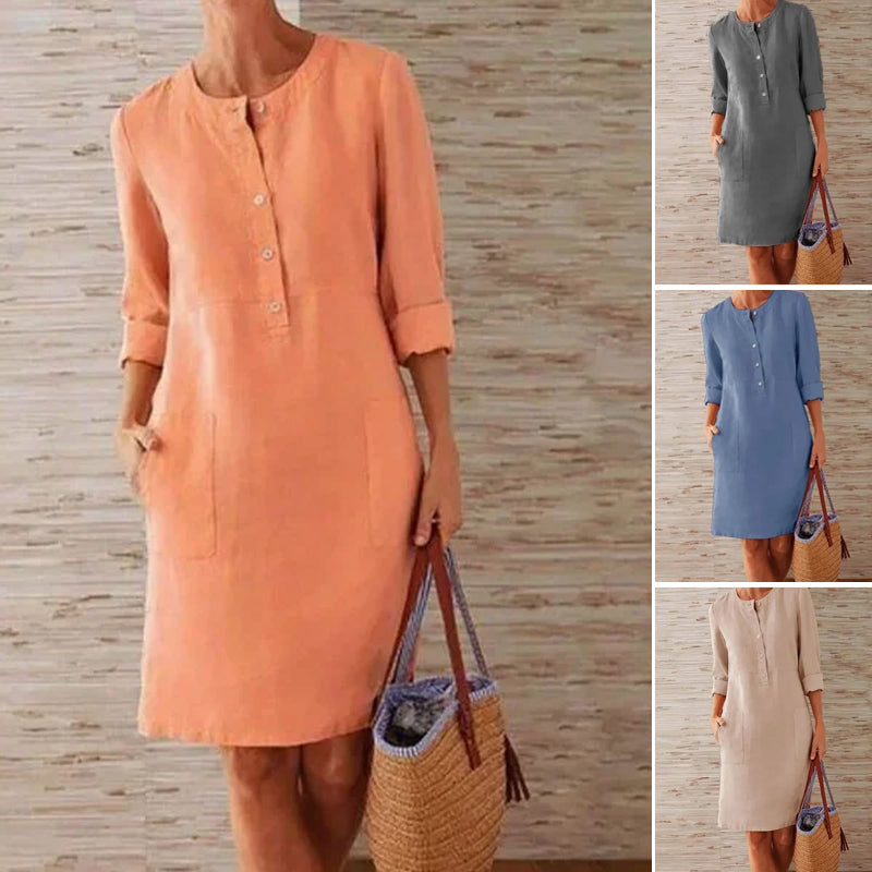 Pure Color Casual Cotton And Linen Round Neck Dress