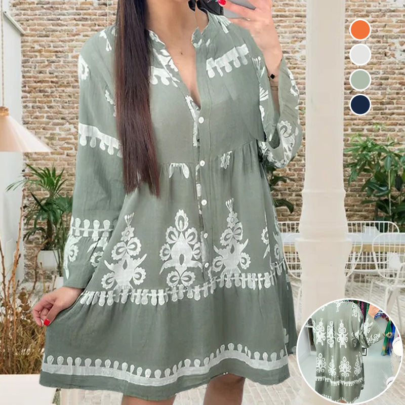 V Neck Button-Down Babydoll Dress