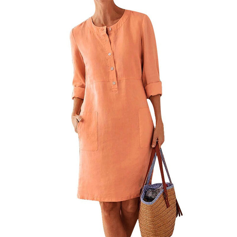 Pure Color Casual Cotton And Linen Round Neck Dress