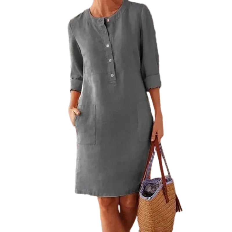 Pure Color Casual Cotton And Linen Round Neck Dress